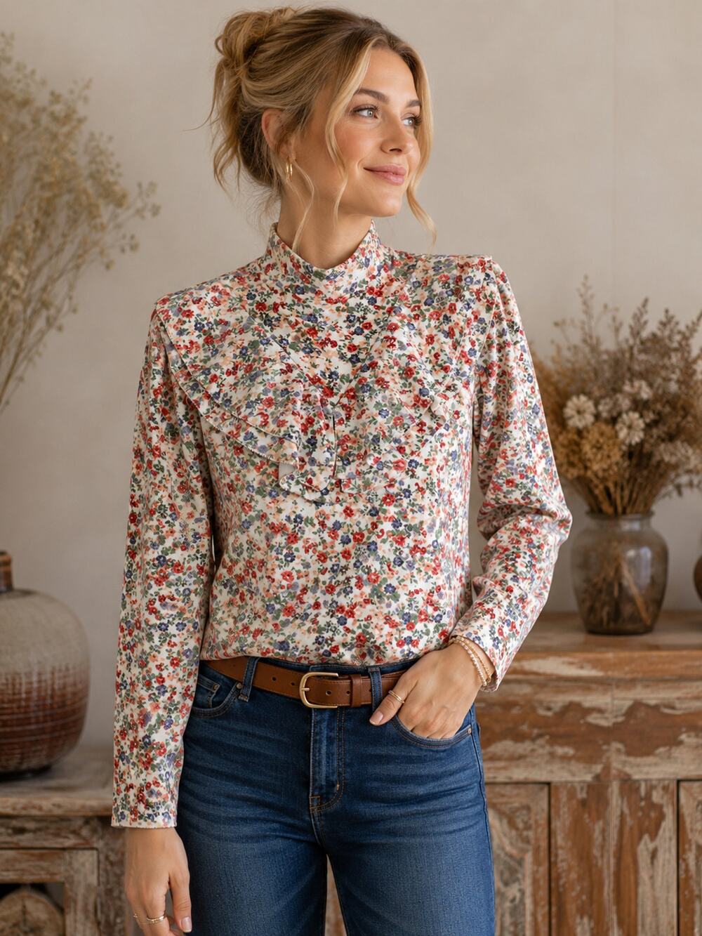 PASTICHE Velour Floral Ruffle Mock Neck Long Sleeve Top Size M Boho